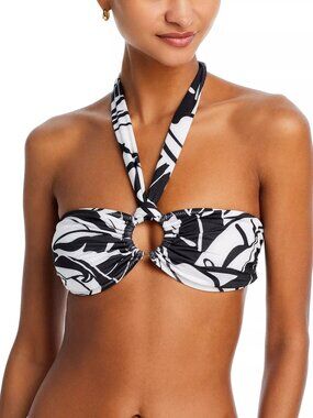 128$ Ramy Brook Palm Print Halter Marie Bikini Top Women's Size XS Black White